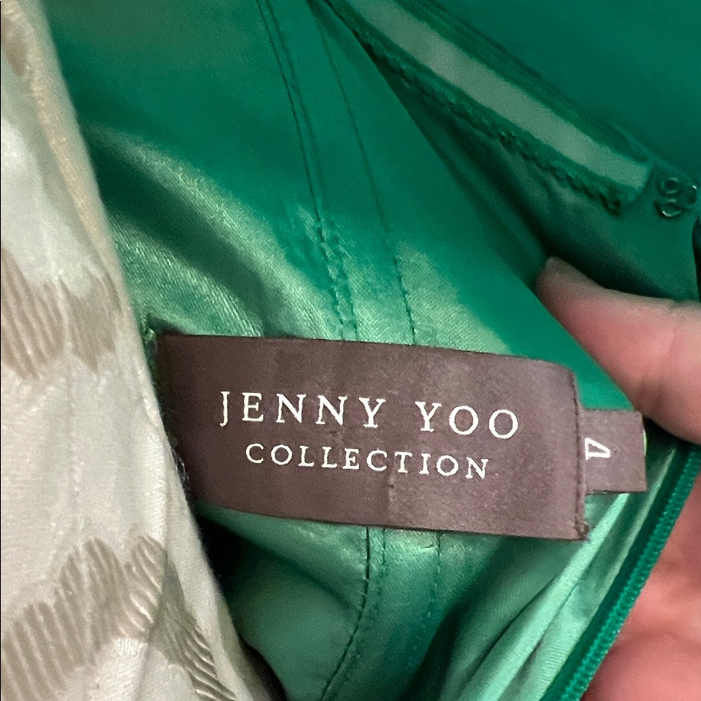 Vintage Jenny Yoo Emerald Green Midi Dress with Lace Yoke and Cowl Neck - Picture 2 of 6